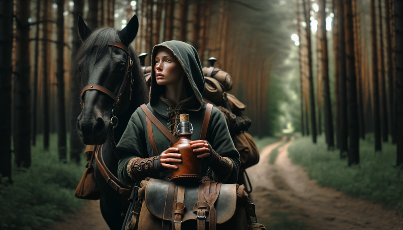 DALL E 2023 11 17 13 28 32 A medieval traveller depicted as a woman wearing a short riding hood and sitting on a horse with saddlebags arrives at a crossing on a forest path