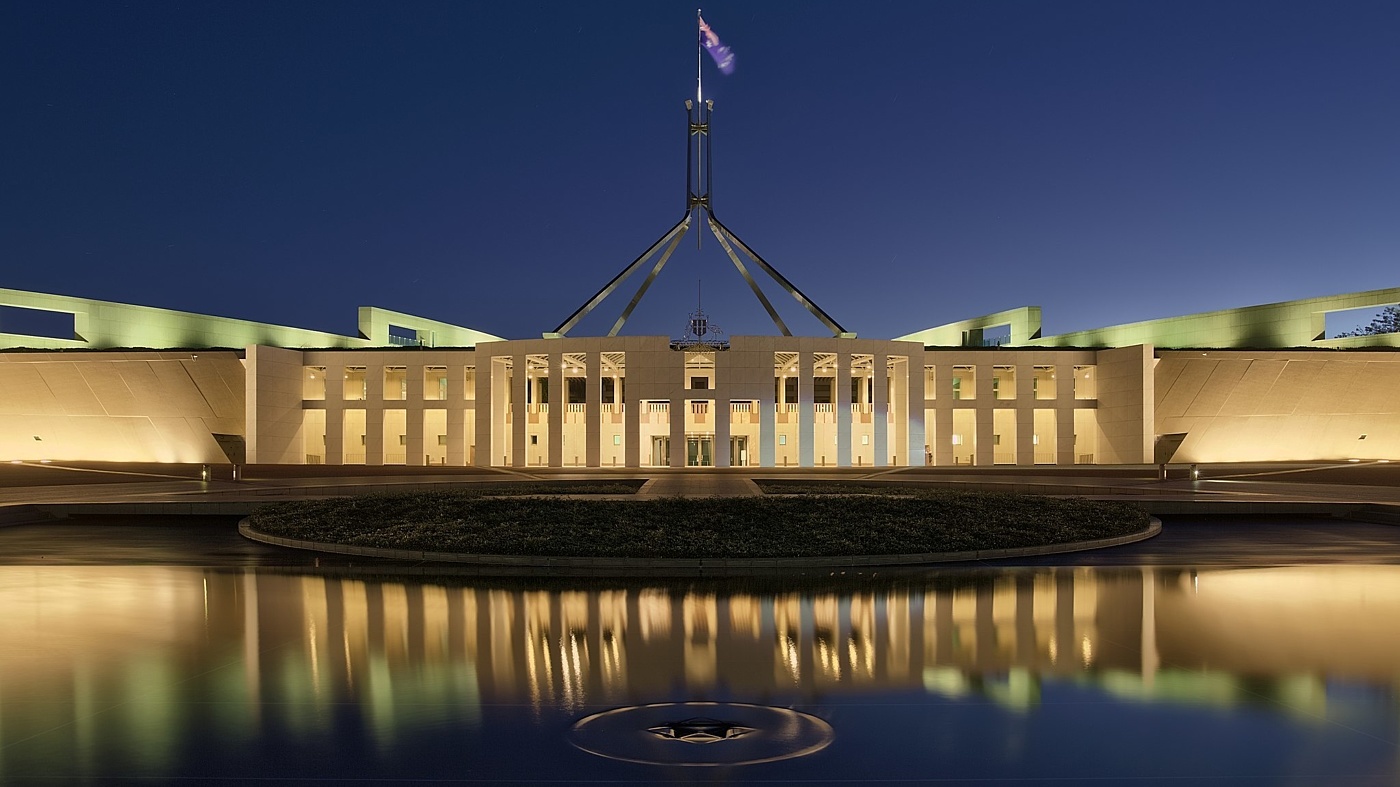 16:9 crop Parliament House at dusk Canberra ACT